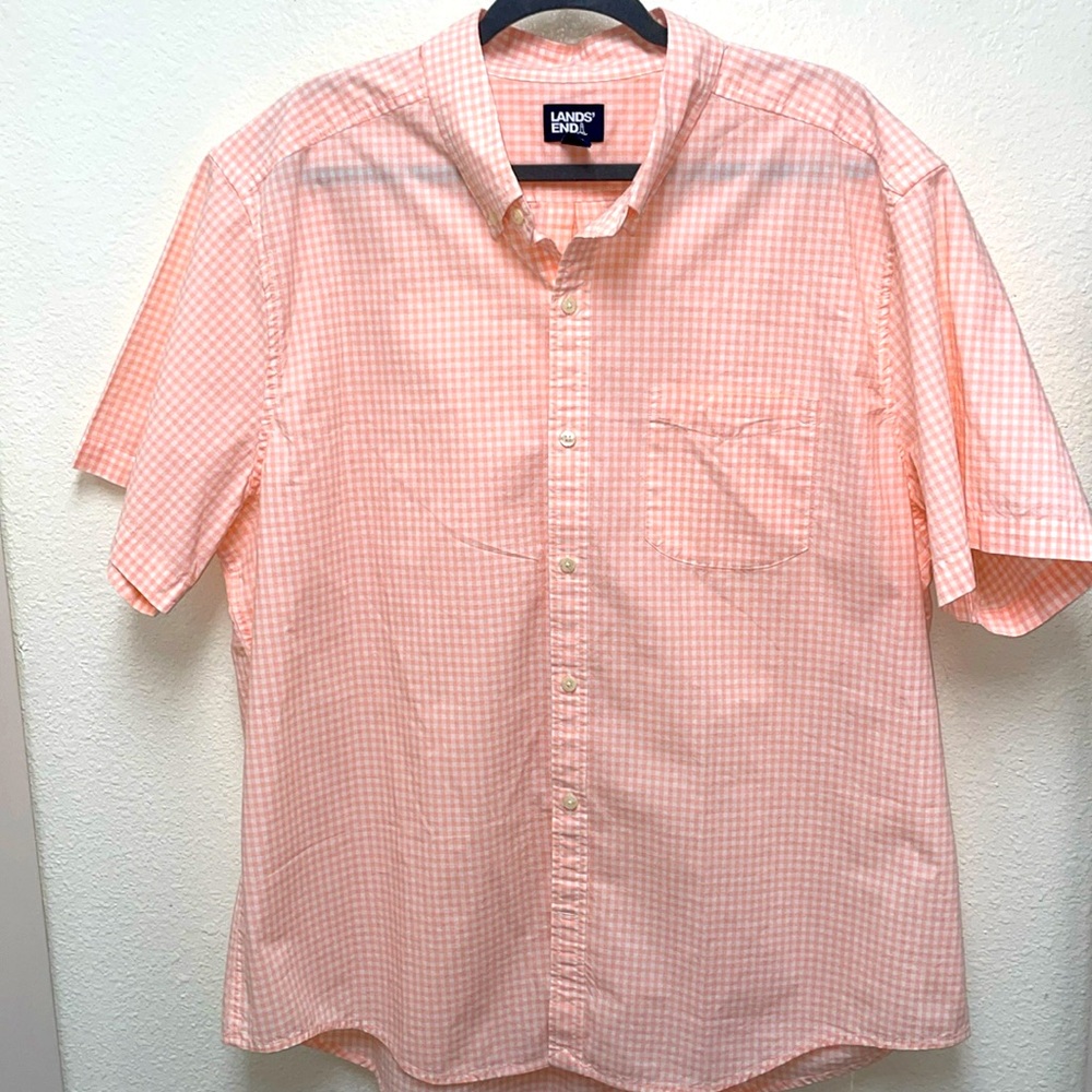 Lands’ End Men’s Peach Gingham Short Sleeve Casual Shirt XXL 50-52 Button Down